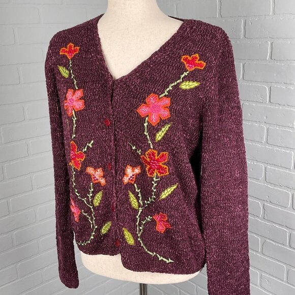 Crazy Horse Cardigan Womens Small Purple Floral Texture Quilt Nylon Sweater VTG - Picture 1 of 12